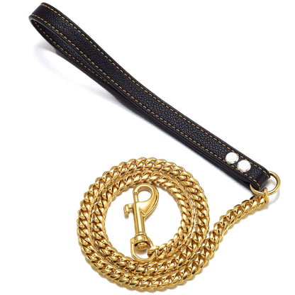 GZMZC Gold Chain Dog Leash 10MM Heavy Duty Dog Leash Chains with Leather Padded Handle for Medium Dogs Collar Chain (Total Length of 4ft)