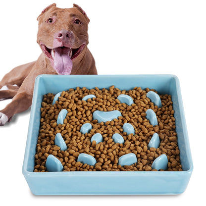Square Slow Feeder Dog Bowls Ceramic Fun Slow Eater Bowl for Small Medium Breed (Turquoise)